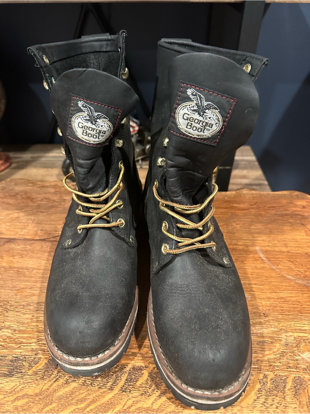 Georgia Boot Black Work Boots with Gold Laces